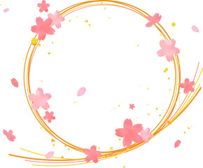 桜の花と曲線の華やかな水引きフレーム　手描きの水彩風ベクターイラスト 素材