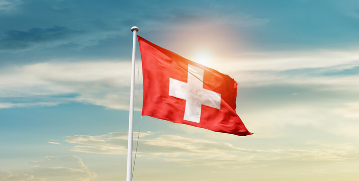 Switzerland national flag cloth fabric waving on the sky - Image
