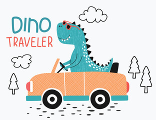  cute dinosaur with car. T-shirt graphics for kids vector illustration. 