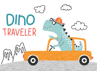  cute dinosaur with car. T-shirt graphics for kids vector illustration. 