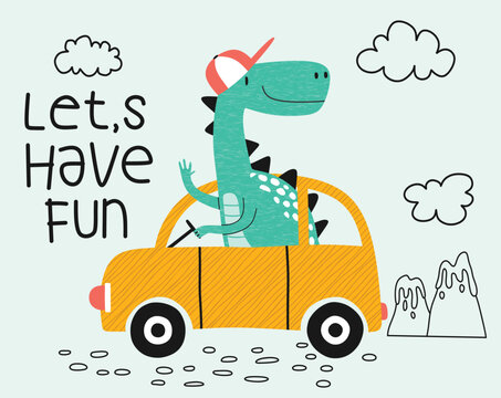  cute dinosaur with car. T-shirt graphics for kids vector illustration. 