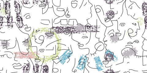 One line drawing. Abstract face seamless pattern.