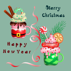 Christmas mugs and sweets. Festive illustration, 3d rendering, winter holidays theme.