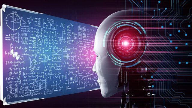 hominoid AI robot looking at hologram screen in concept of math calculation and scientific equation analytic using artificial intelligence by machine learning process. 3D rendering.