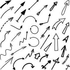 A set of arrows of different shapes of black color on a white background. Hand-drawn, doodle style.