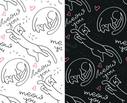 Cute hand drawn doodle patter background with cats. Kitter pattern. Meow you card.