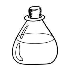 Potion outline bottle. Glass round shape magic bottle with a potion inside. Oneline black and white vector drawing in linear minimalist style.