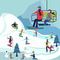 people on the snow mount or mountain play for ice ski, snowboarding, ice hockey, ice skating, slide, and many more on winter holiday. vector illustration 