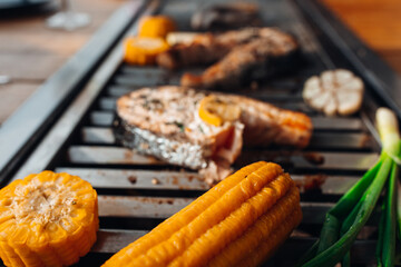Delicious grilled salmon in the open air
