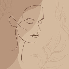 One continuous line hand drawn vector art with beautiful woman face in elegant curve. Skin color palette, abstract forms. Modern simplistic design for fashion, wall art, print, tattoo, cover, card.
