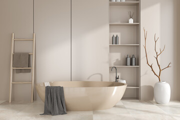 Stylish bathroom interior with bathtub and shelf with accessories. Empty wall