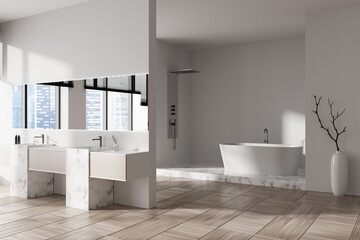 Fototapeta premium Light bathroom interior with double sink, douche and bathtub. Mockup wall