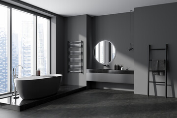 Corner view on dark bathroom interior with bathtub, panoramic window