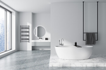 Obraz na płótnie Canvas Stylish bathroom interior with tub and sink with panoramic window. Mockup wall