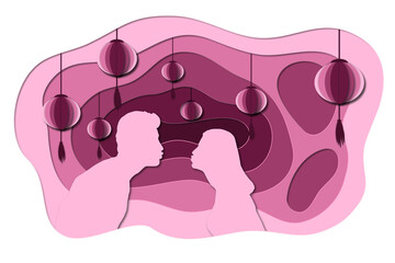 Love paper cut background kissing on pink festival man and woman love