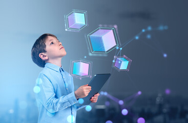 Kid boy working with tablet, data blocks floating in metaverse