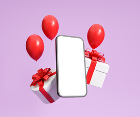 Smartphone mockup blank screen with gift boxes and balloons flying