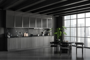 Corner view on dark kitchen room interior with panoramic window
