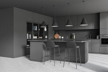 Grey kitchen interior with bar countertop and shelf with decor, cooking area