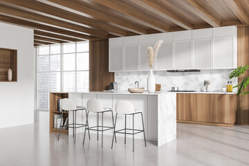 Corner view on bright kitchen room interior with panoramic window