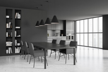 Corner view on dark kitchen room interior with cupboard