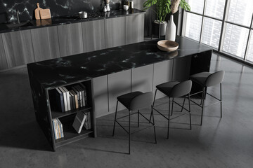 Top view of kitchen interior with bar countertop and stool, panoramic window