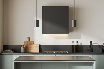 Front close up view on bright kitchen room interior