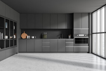 Grey kitchen interior with cooking area with shelves and kitchenware, window