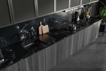 Dark kitchen room interior with grey marble wall, concrete floor
