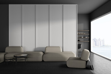 Grey living room interior with relaxing and dining area, window. Empty wall