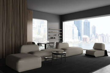 Grey guest room interior with relaxing and dining area, panoramic window