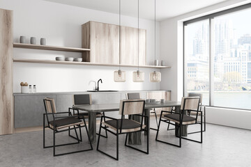 Corner view on bright kitchen room interior with dining table