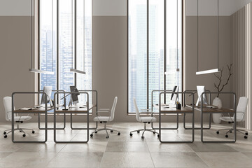 Light office interior with pc computer, desk and panoramic window on city view