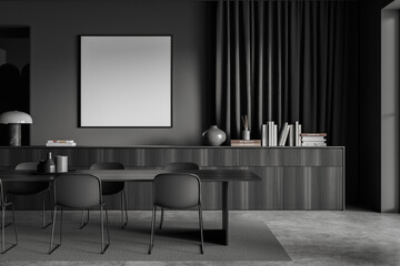 Grey conference interior with desk and decoration, drawer and mockup poster