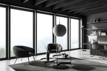 Corner view on dark office room interior with desk, computer