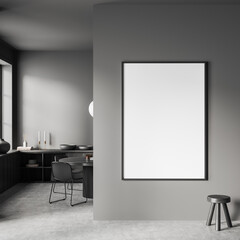 Front view on dark dining room interior with empty poster
