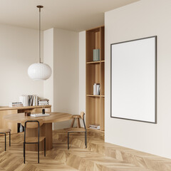 Beige living room interior with table and chairs, drawer with decor. Mockup frame