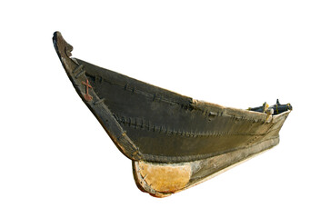 Vintage Indian fishing boat on a white background. A boat with a high prow.