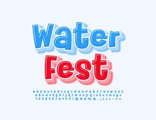 Vector funny template Water Fest. Playful blue 3D Font. Playful Alphabet Letters, Numbers and Symbols set. 