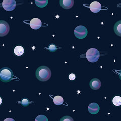 Obraz na płótnie Canvas Vector space seamless background with planets and stars. Bright repeating texture with cosmic elements. design for fabric and wrapping paper.