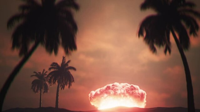 nuclear explosion with a mushroom cloud, atomic bomb test tropical island. 4K UHD