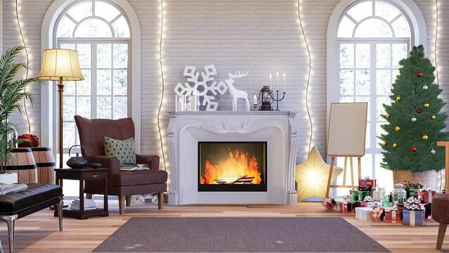 Animation of vintage style living room with christmas concept 3d render,The room has white brick wall  wooden floors decorated with luxury fireplace,The arched windows look out to the snow scene.