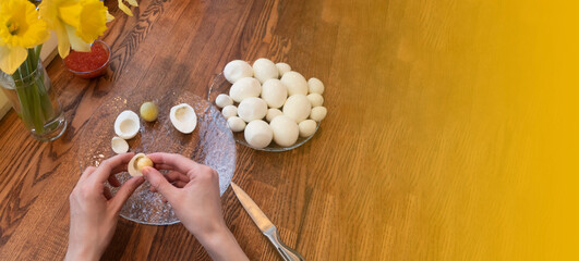 Step by step. egg cut in half, for making stuffed eggs