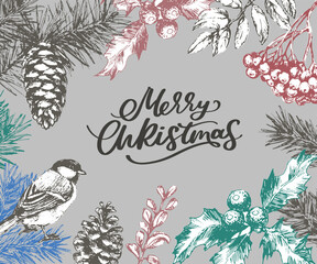 Merry Christmas and Happy New Year Abstract Botanical Card with Square Frame Banner and Modern Typography. Green and Pink Pastel Colors Greeting Layout. Isolated.