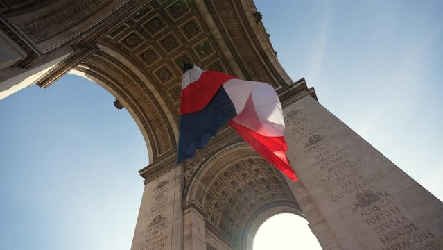 4K video with the National Flag of France waving under the Arch of Triumph landmark building. Concept video for Paris symbol.