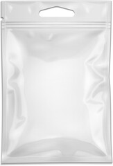 Mockup White Blank Filled Retort Foil Pouch Bag Packaging With Zipper, Hang Slot. Medicine Drugs Or Food Product. Illustration Isolated On White Background. Mock Up Template Ready For Your Design.