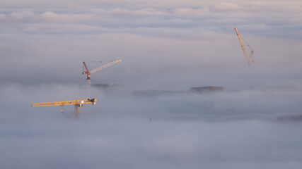 Construction cranes in the sea of fog.