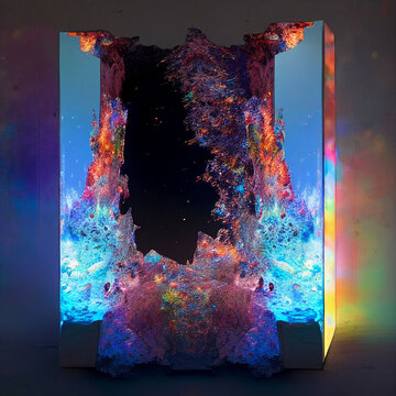 Abstarct Infinity mirror recursion, manifestations gradients of other spaces of landscapes through luminous frames background.