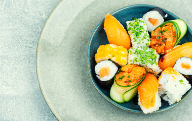 Variety of fresh Japanese sushi