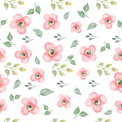 Watercolor roses seamless pattern with pink flowers. Hand drawn floral illustration isolated on white background. Vector EPS.